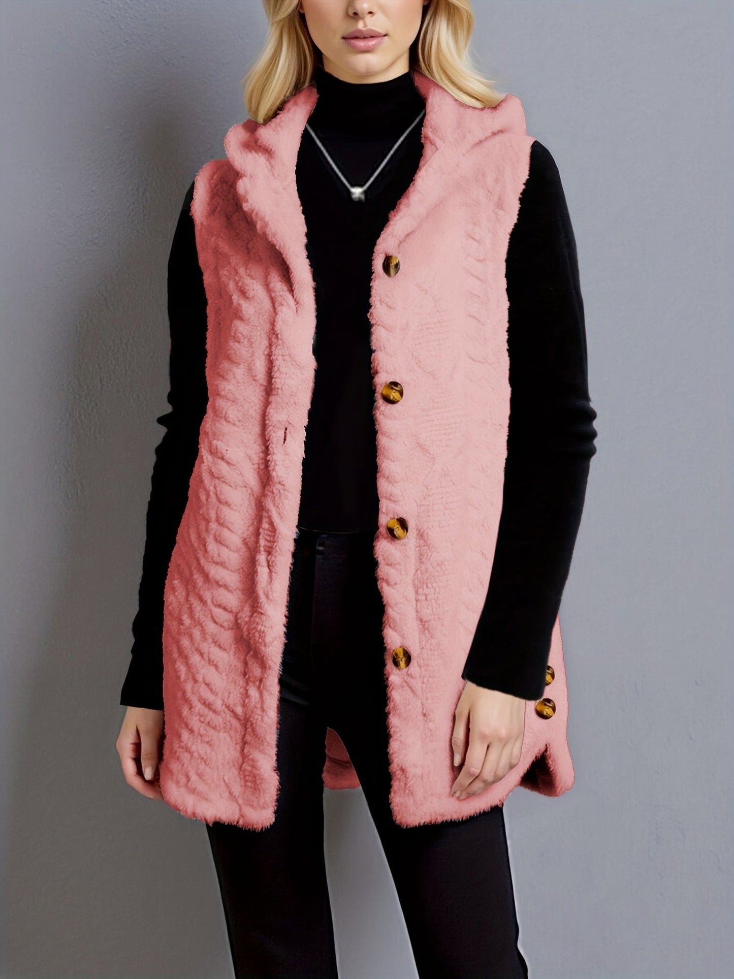 Gilet da donna con cappuccio in pile teddy e bottoni, bianco