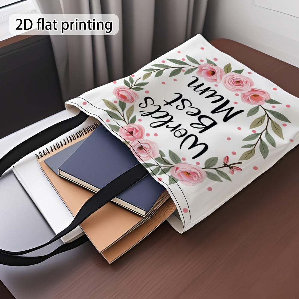 Damen Shopper Tasche – Stilvolle Tragetasche mit Blumenkranz und Aufschrift 'World's Best Mum' – Perfektes Geschenk für Mütter