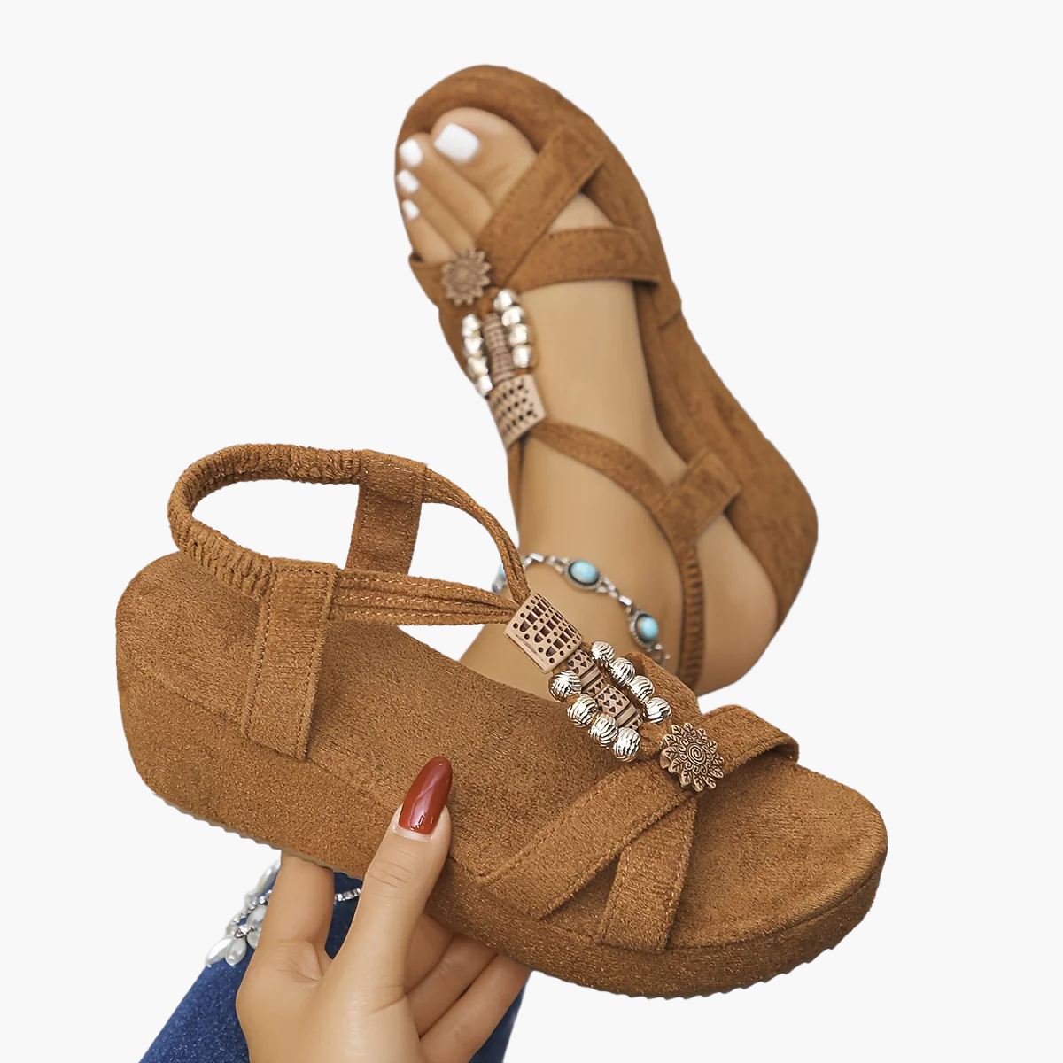 Sandali con plateau da donna stile vintage con cinturino a T e decorazioni di perle – Scarpe estive comode per tutti i giorni e il tempo libero