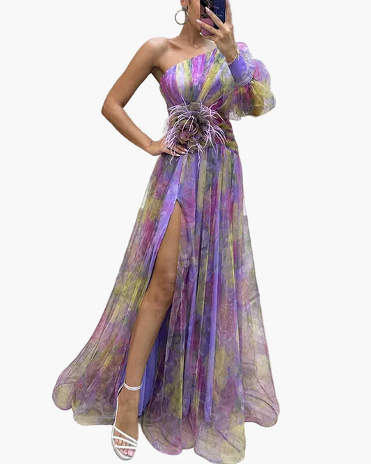 Vestido de noche elegante asimétrico para mujer con aplicación floral y abertura – Perfecto para ocasiones festivas