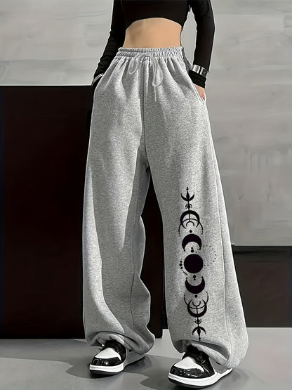 Unisex Weite Freizeithose mit Mondphasen-Muster, Elastischer Bund