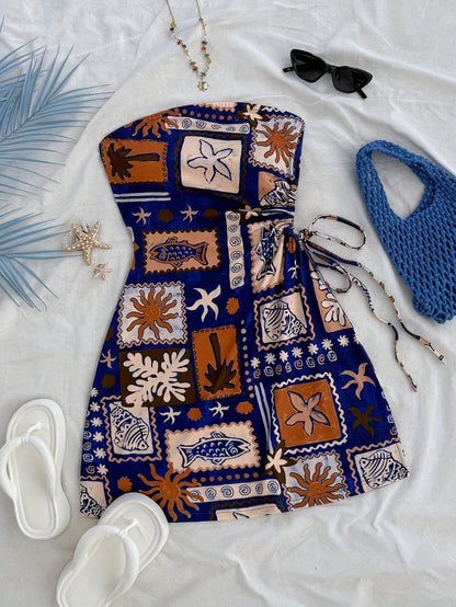 Damen Sommer Bandeau Mini Kleid mit Strandmotiv – Perfekt für Urlaub und Freizeit