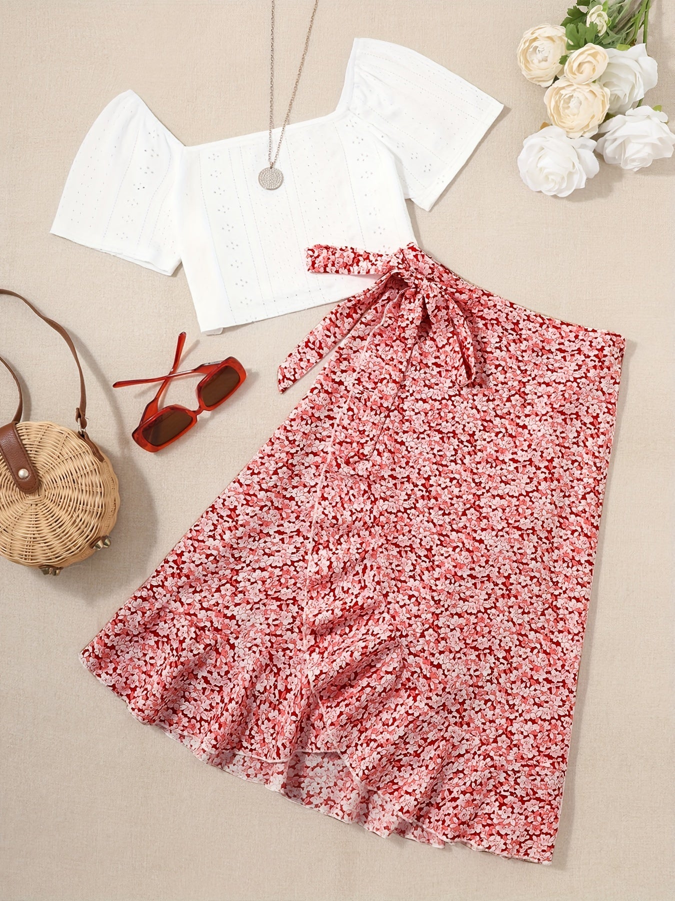 Conjunto de dos piezas para mujer – Look veraniego y coqueto con blusa y falda cruzada con estampado floral, ideal para tiempo libre y vacaciones