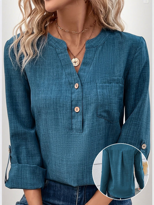 Dame casual bluse med V-hals og knappestolpe – Elegant hverdags- og kontorlook