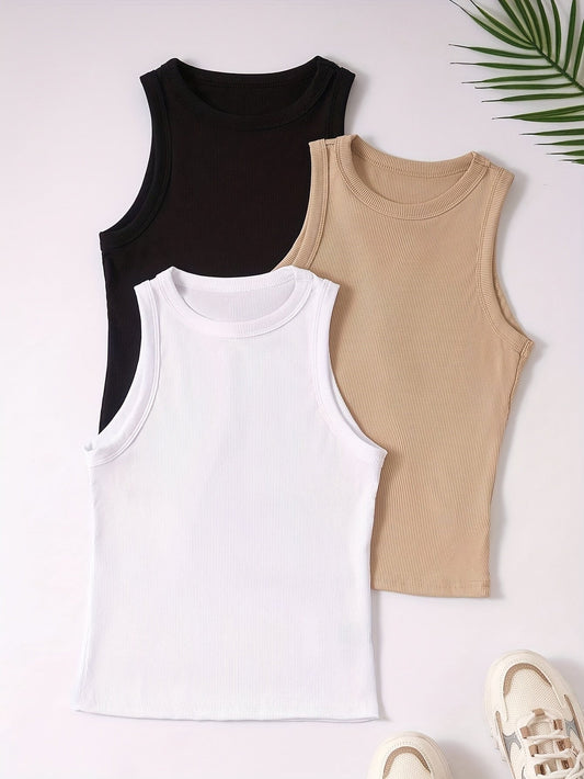 Dame sportlige basic tanktops i 3-pak – ærmeløse, behagelige fritidstoppe med rund halsudskæring