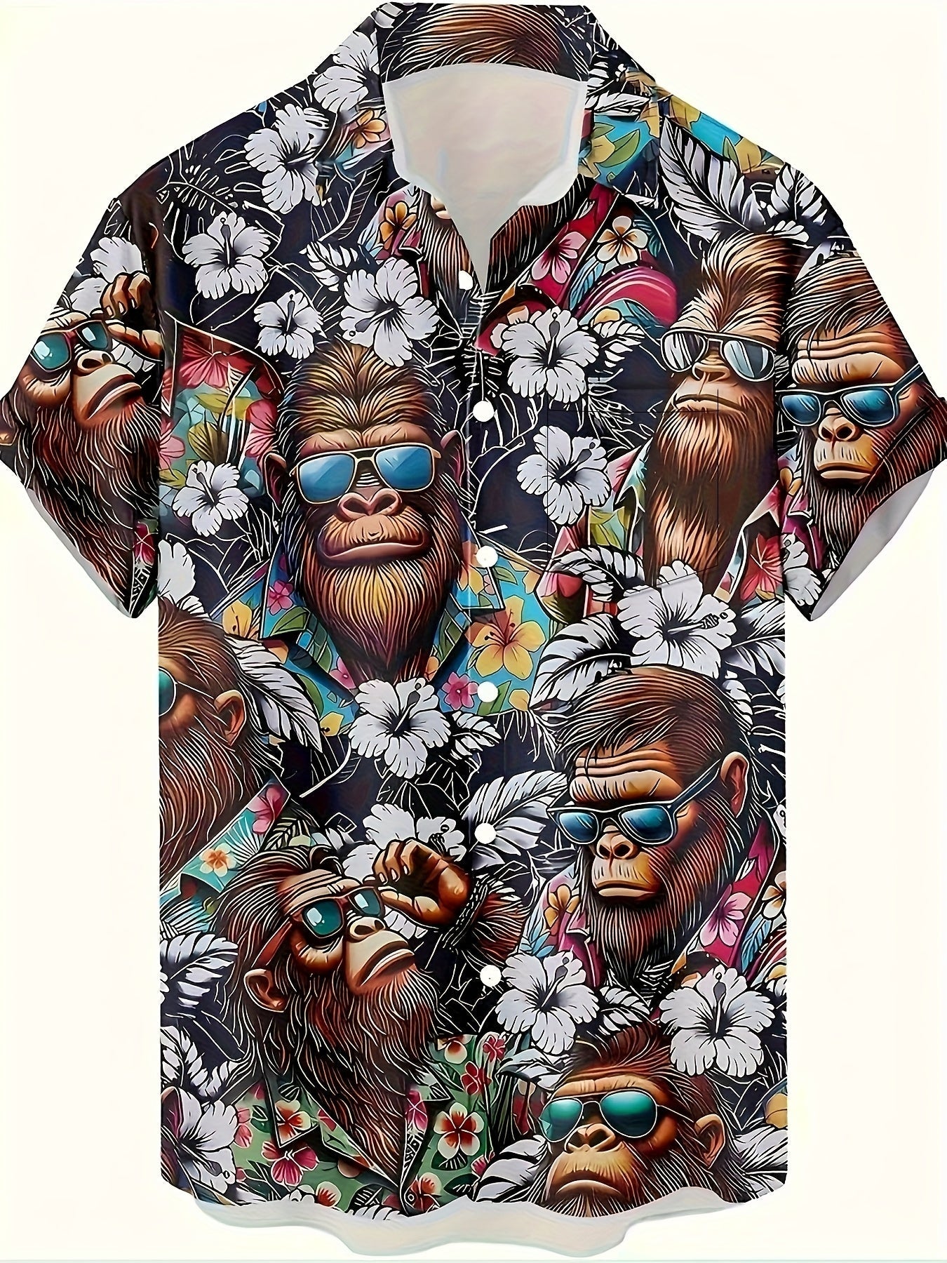 Chemise hawaïenne homme avec motif singe et imprimé floral – Chemise d'été amusante pour loisirs et fête