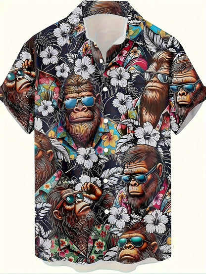 Chemise hawaïenne homme avec motif singe et imprimé floral – Chemise d'été amusante pour loisirs et fête