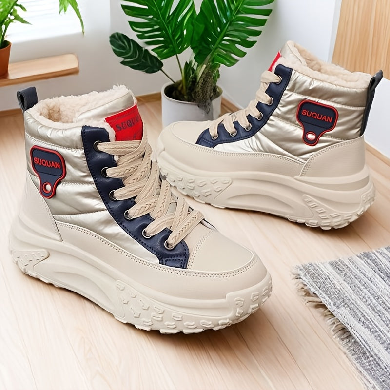Winterstiefeletten Damen Beige Gefüttert Plateau Sohle