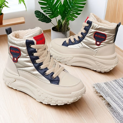 Winterstiefeletten Damen Beige Gefüttert Plateau Sohle