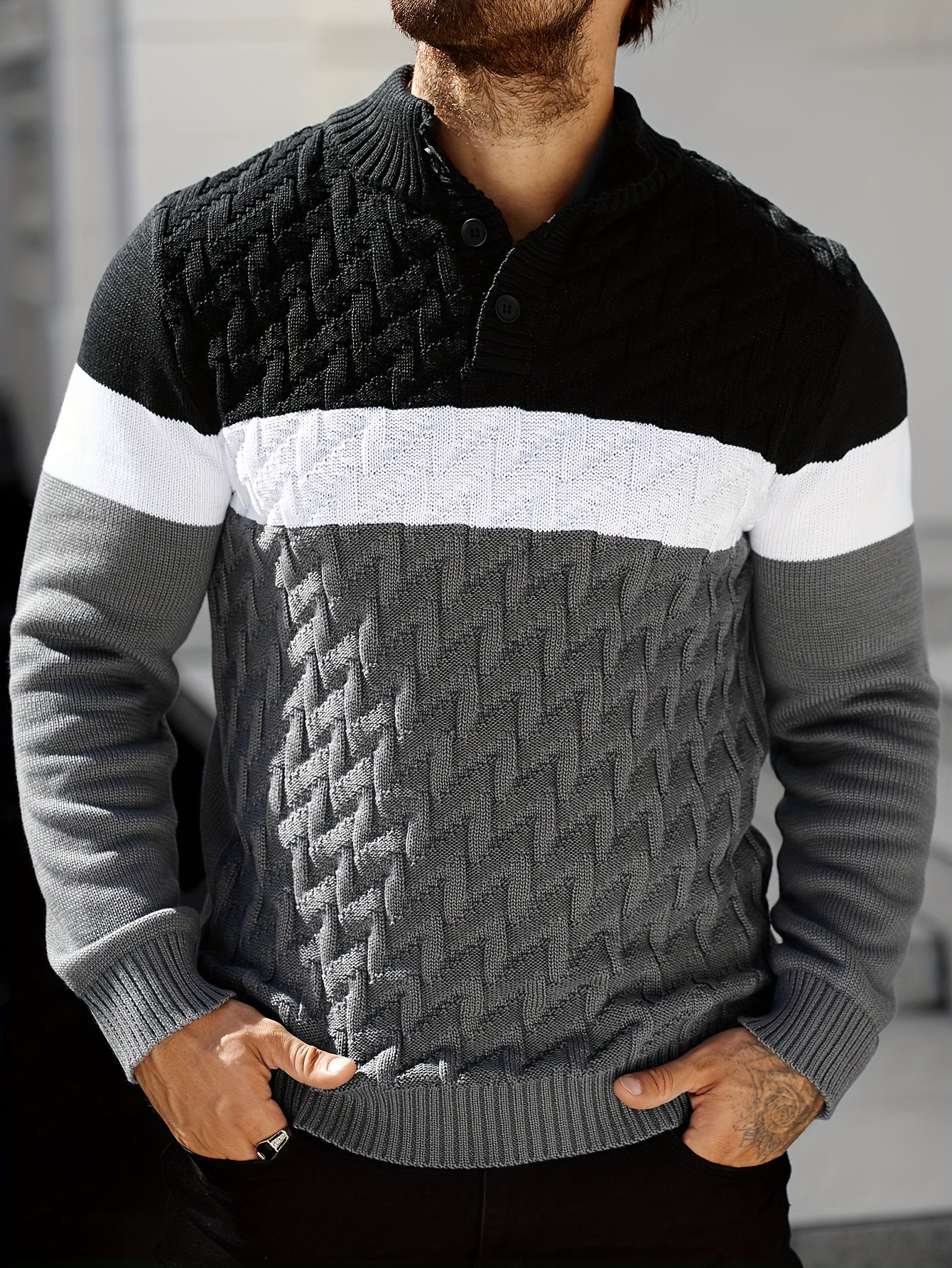 Herren Strickpullover Blockfarben Zopfmuster Stehkragen Knopfleiste