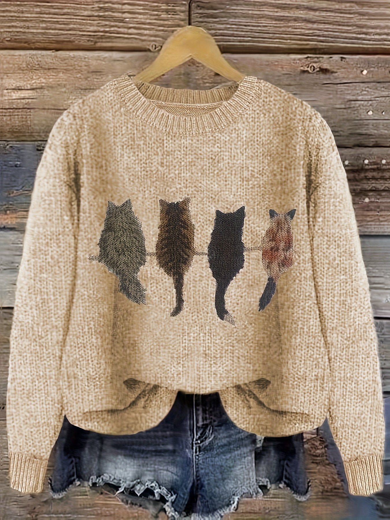 Damen Strickpullover mit Rundhalsausschnitt und Katzen-Print