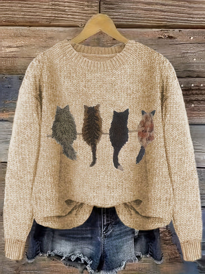 Damen Strickpullover mit Rundhalsausschnitt und Katzen-Print