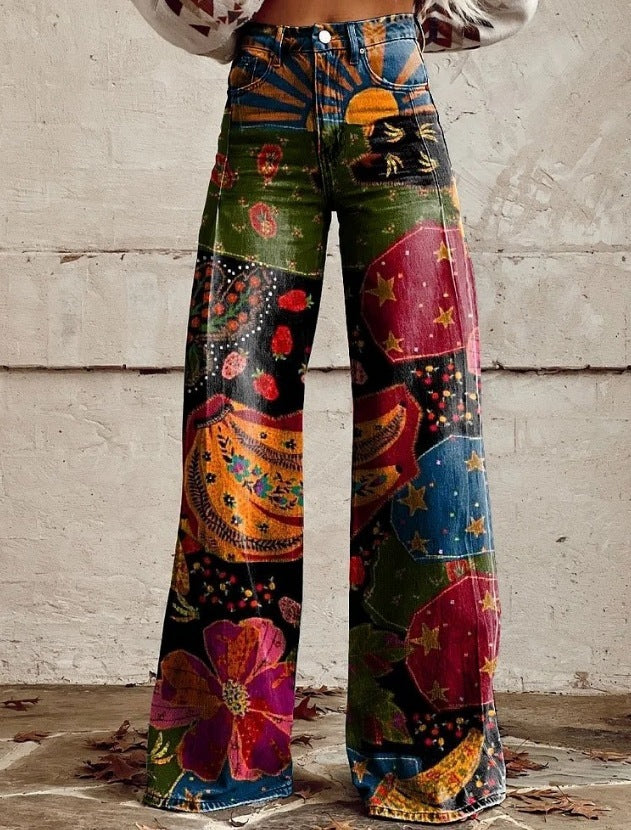 Jean large bohème pour femmes avec design artistique graphique et style vintage, idéal pour le streetwear et les festivals