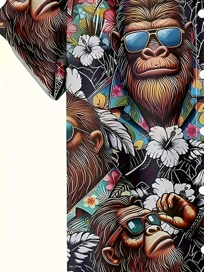 Chemise hawaïenne homme avec motif singe et imprimé floral – Chemise d'été amusante pour loisirs et fête