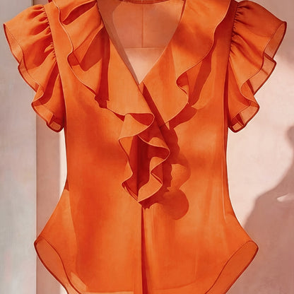 Damevolantbluse med V-hals og volanger – Elegant chiffongbluse for kontor og kveld