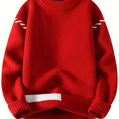 Unisex Strickpullover mit Rundhalsausschnitt und Kontraststreifen-Details, Langarm