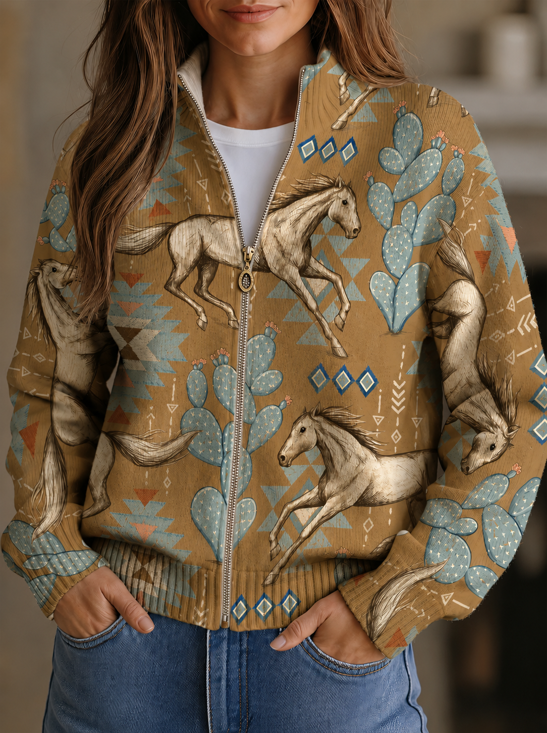 Vest voor dames met paarden- en cactusmotief in westernstijl