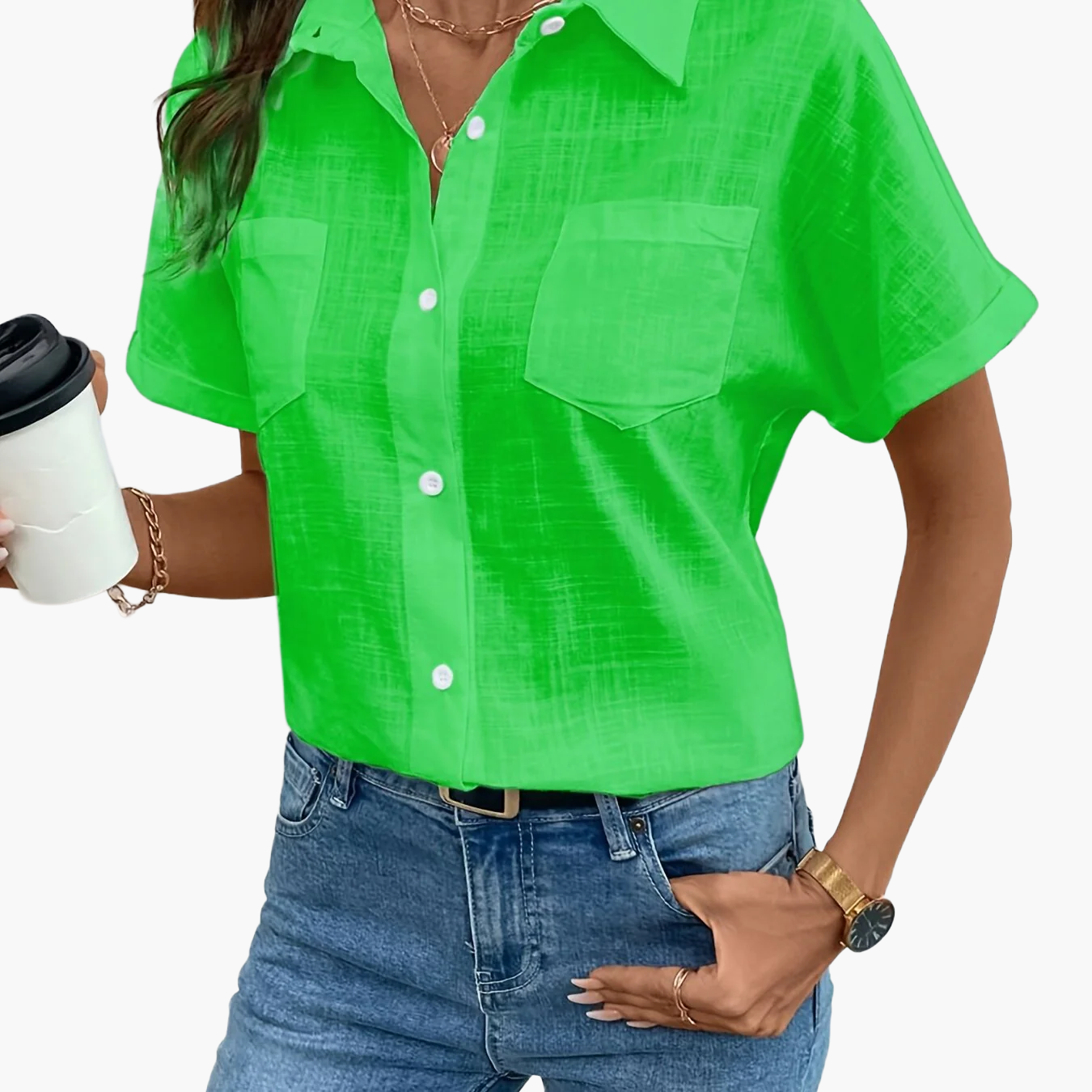 Damen Kurzarm Bluse mit Vogelmotiv – Casual Sommer Hemd mit Brusttasche