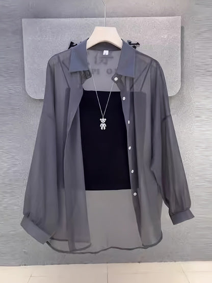 Damen Zweiteiliges Set – Transparentes Oversize-Hemd mit Bandeau Top, Modernes Layering-Outfit