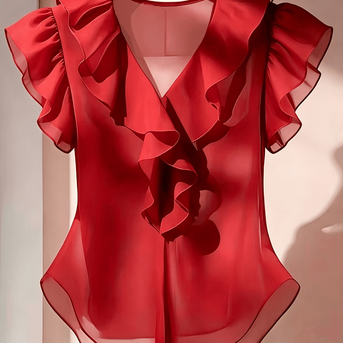 Damevolantbluse med V-hals og volanger – Elegant chiffongbluse for kontor og kveld