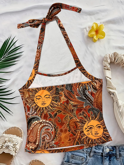 Damski vintage top na szyję z motywem słońca – letni festiwalowy styl boho
