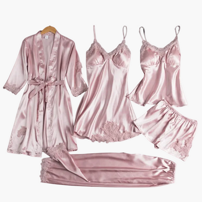 Damen Luxus Nachtwäsche Set 5-teilig – Elegantes Pyjama- und Loungewear Set mit Kimono, Nachthemd, Top, Shorts & Hose