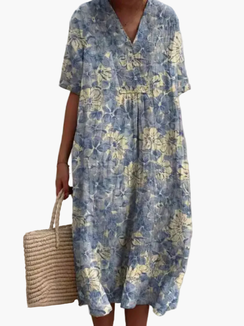 Dame sommerkjole i løs boho-stil – Fritidskjole med blomsterprint og V-udskæring, ideel til strand og hverdag
