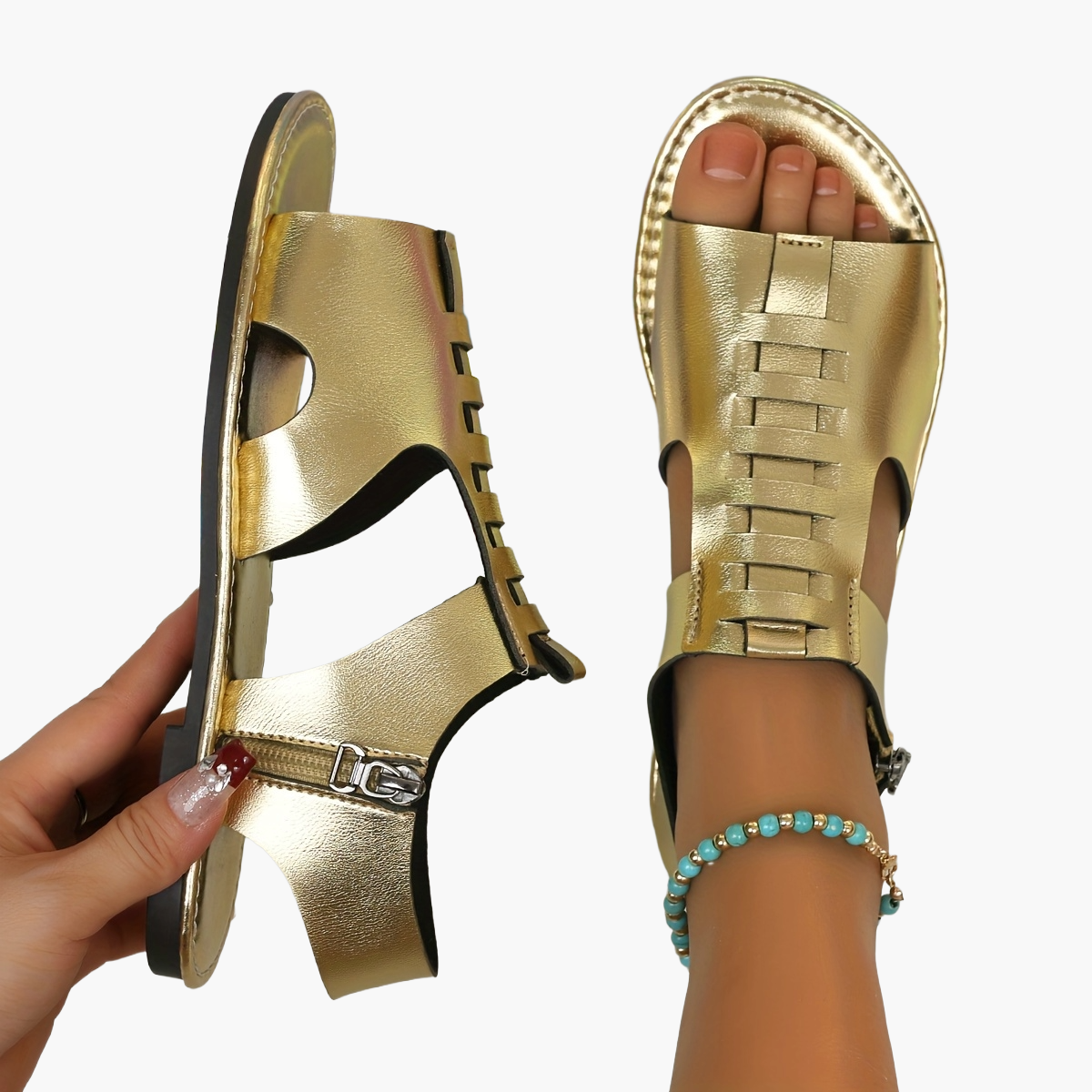 Damen Sommer Sandalen mit Reißverschluss – Bequeme Flats im Boho-Stil für Alltag und Freizeit