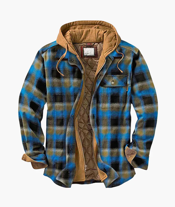 Herren Übergangsjacke mit Kapuze – Kariertes Patchwork, Urbaner Freizeitstil, Warm und Vielseitig