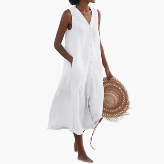 Vestido midi sin mangas de verano para mujer con botonadura – Vestido perfecto para playa y tiempo libre