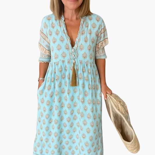 Dames midi boho jurk met print en kwastjes, vrijetijds zomerjurk met zakken