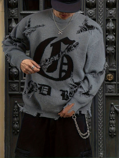 Unisex distressed-pullover med rund hals og tekstprint