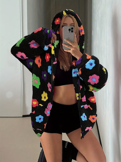 Damen Teddy-Fleece Kapuzenjacke mit bunten Blumen, Reißverschluss, Langarm