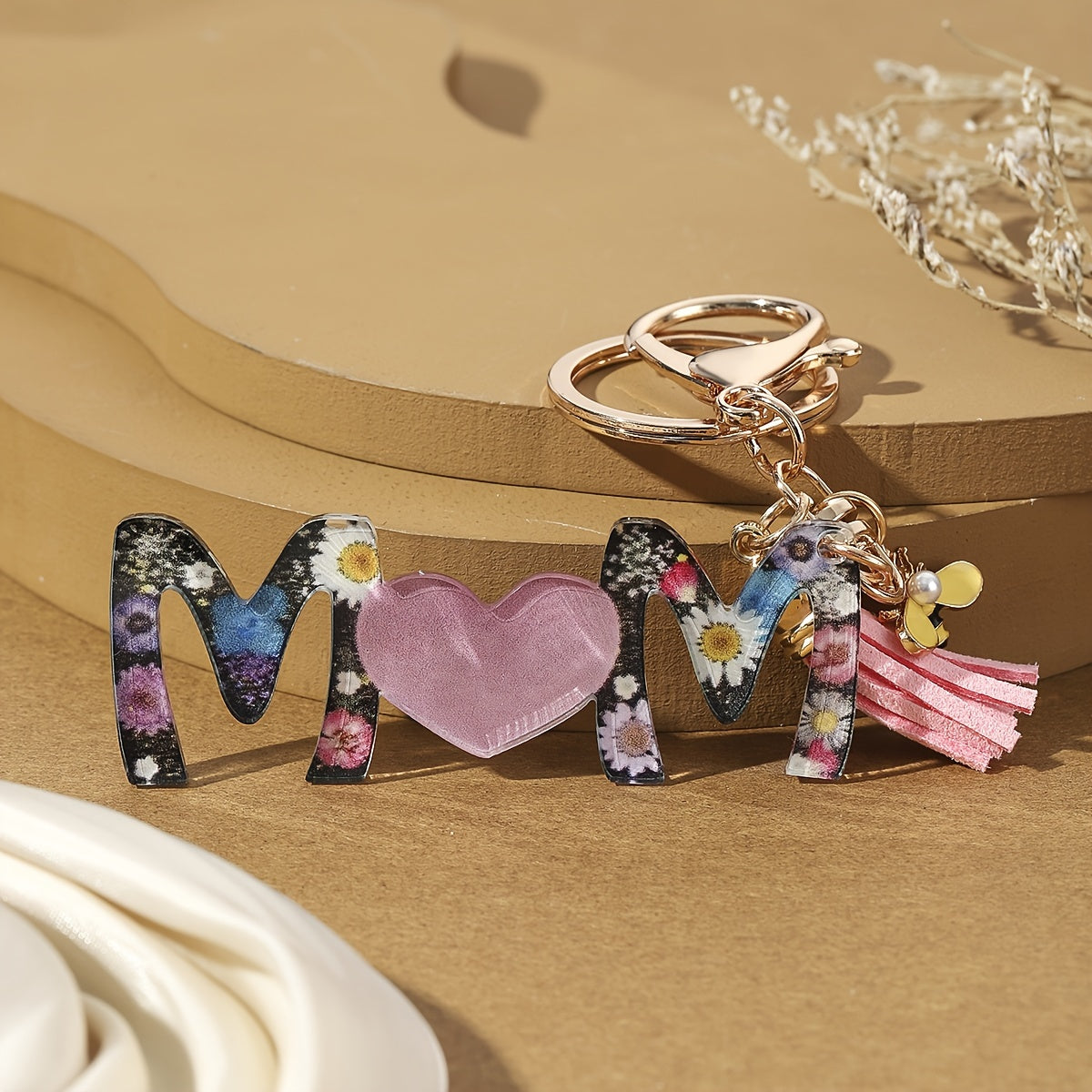 Porte-clés pour femmes – Cadeau de fête des mères à la mode, anneau porte-clés avec cœur et motif floral, accessoire élégant