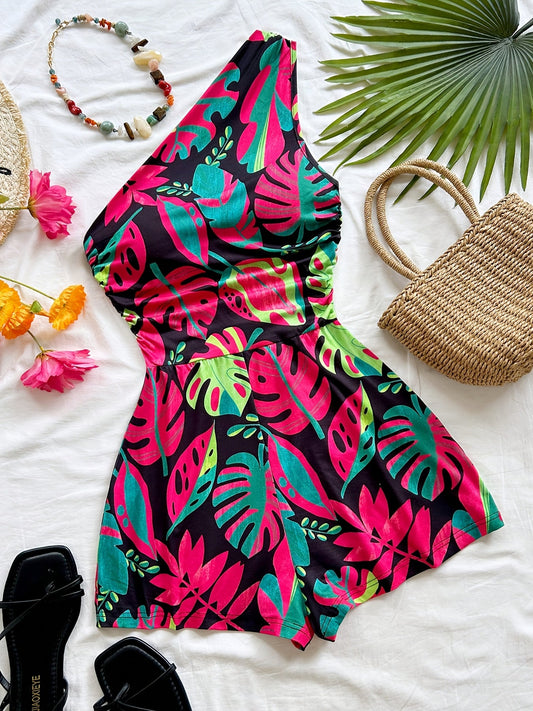 Mono de una sola manga para mujer con estampado tropical – Moda de verano para vacaciones y tiempo libre