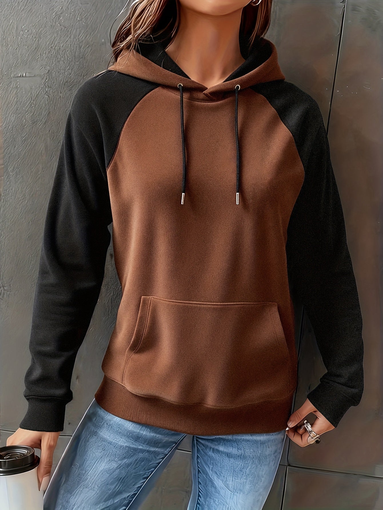 Hoodie Raglan Zweifarbig Braun Schwarz Damen Kapuzenpullover Kängurutasche