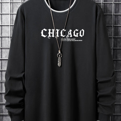 Herren Langarmshirt mit Chicago-Schriftzug und Rippbündchen, Rundhalsausschnitt