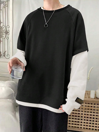 Camiseta unisex de manga larga con efecto de capas, negra y blanca