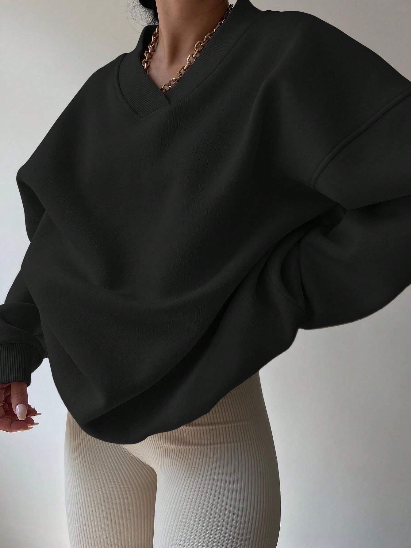 Schwarzer Oversized Pullover Damen V-Ausschnitt Freizeit