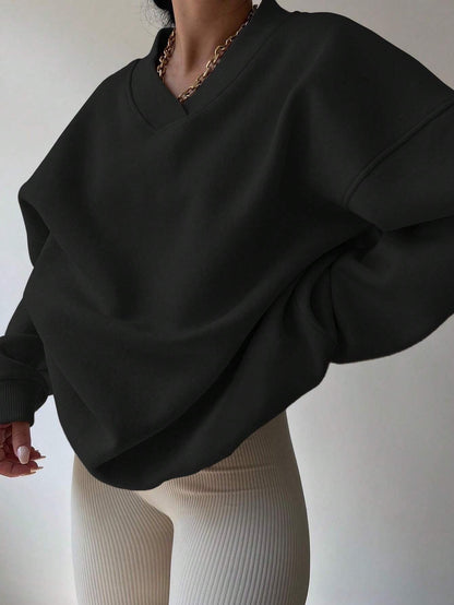 Schwarzer Oversized Pullover Damen V-Ausschnitt Freizeit