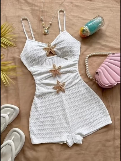 Dame Jumpsuit heldrakt med stjernedekor, strand- og feriestil, sommermote