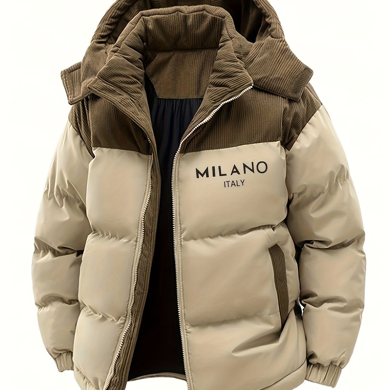 Steppjacke mit Kapuze für Herren, Zweifarbig, Khaki-Beige