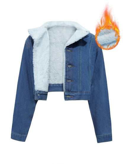Chaqueta vaquera corta azul con forro afelpado para mujer