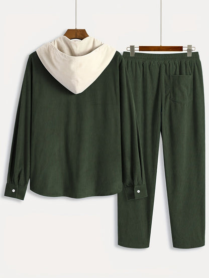 Conjunto de dos piezas para hombre con camisa tipo sudadera con capucha acanalada y pantalón jogger, traje informal