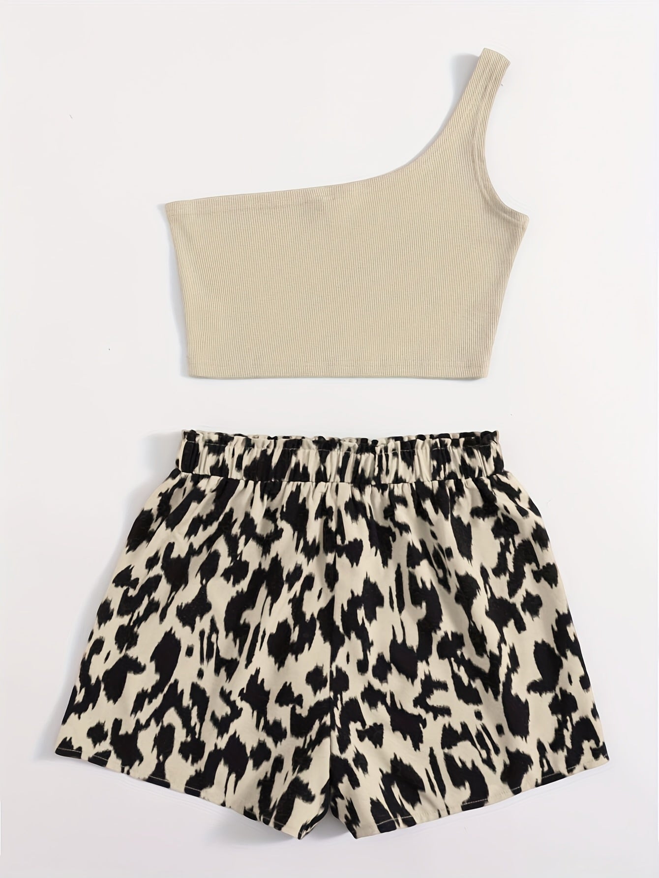 Damen Zweiteiler Set – Asymmetrisches One-Shoulder Top & High-Waist Shorts mit Animal Print, Elegant für Sommer