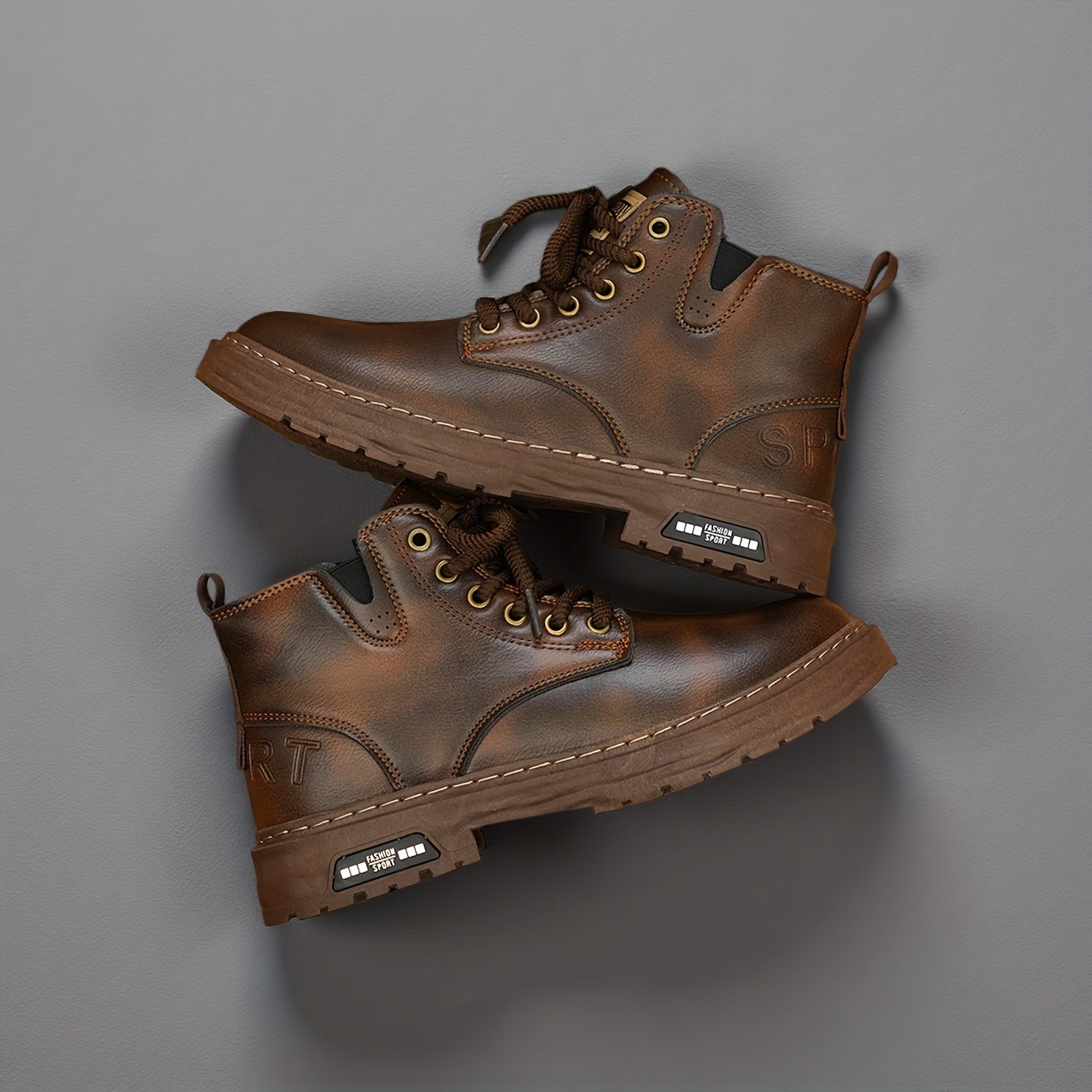 Herren Worker Boots mit Schnürung und Reißverschluss, Robuste Sohle