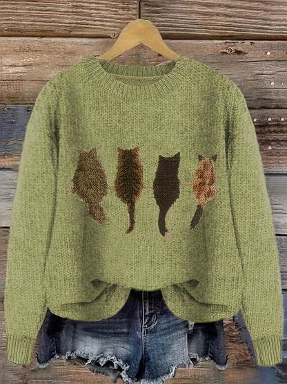 Damen Strickpullover mit Rundhalsausschnitt und Katzen-Print