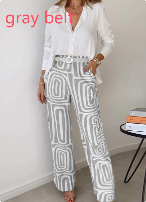 Shannon – Costume décontracté pour femme avec chemise à manches longues à col revers et pantalon à jambes larges