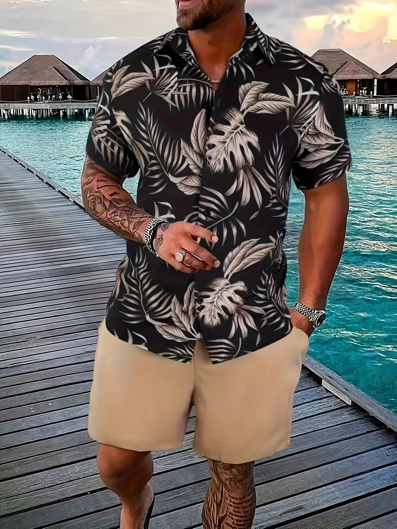 Set estivo da uomo casual – Camicia a maniche corte con motivo palme e pantaloncini, ideale per vacanze e spiaggia