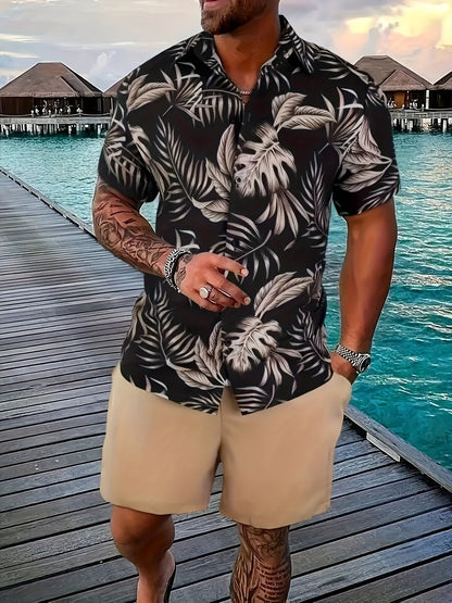 Set estivo da uomo casual – Camicia a maniche corte con motivo palme e pantaloncini, ideale per vacanze e spiaggia